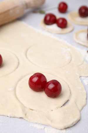Process of making dumplings (varenyky) with cherries. Raw dough and ingredients on light table, closeupの写真素材