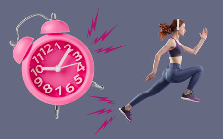 Athletic woman running away from alarm clock on color background. Time conceptの写真素材