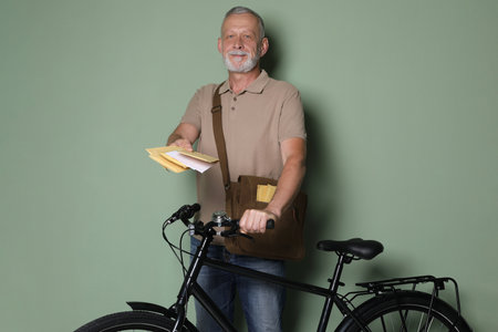 Postman with bicycle delivering letters on olive background