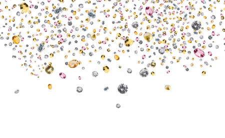 Many shiny gemstones falling on white background