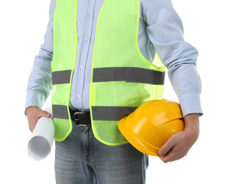 Engineer with hard hat and draft on white background, closeupの写真素材