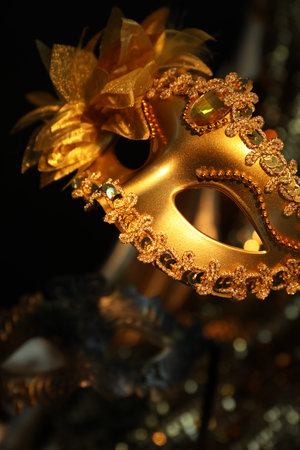 Beautiful golden carnival mask in darkness, closeupの写真素材