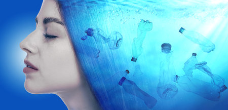 Double exposure of beautiful woman and ocean with plastic garbage, banner design. Environmental...