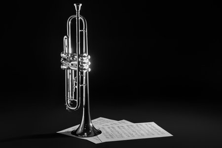 Shiny trumpet and music sheets on dark background, space for text. Wind musical instrumentの写真素材
