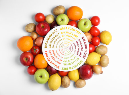Assortment of fresh vegetables and fruits for a balanced diet on white background, top viewの写真素材