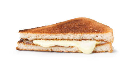 Piece of toasted bread with melted cheese isolated on whiteの写真素材