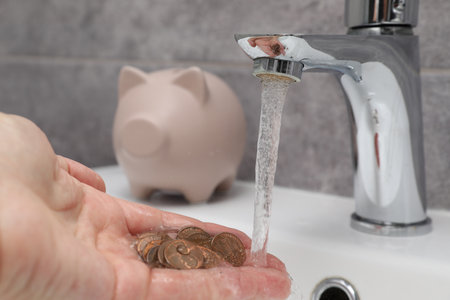 Water saving concept. Woman with coins under tap water in bathroom