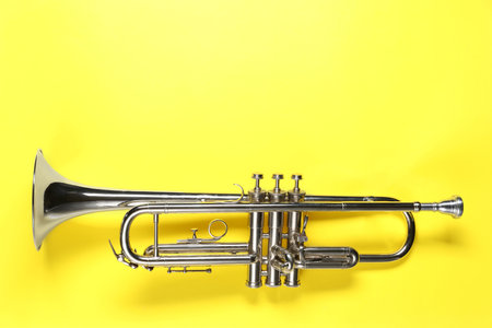 One trumpet on yellow background, top view. Space for textの写真素材
