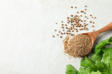 Coriander powder in spoon, seeds and green leaves on light gray table, above viewの写真素材