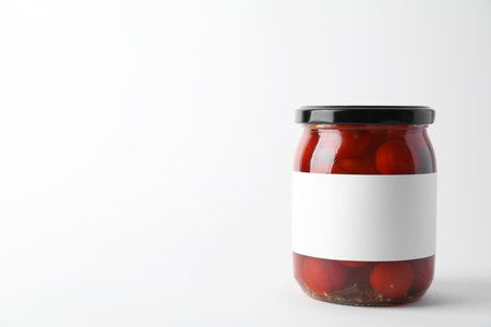Tasty pickled tomatoes in jar on light background. Space for textの写真素材