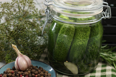 Pickled cucumbers in jar, herbs and spices on table, closeup