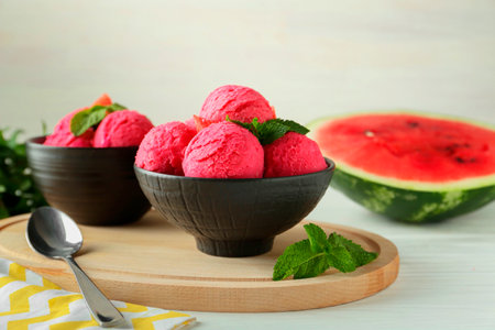 Scoops of tasty watermelon sorbet in bowls, fresh fruit, mint and spoon on white wooden tableの写真素材