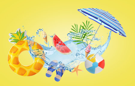 Summer creative collage with beach stuff and water splash in air on yellow background