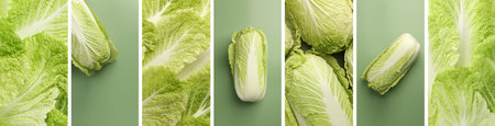 Fresh Chinese cabbage on different green background, collageの写真素材