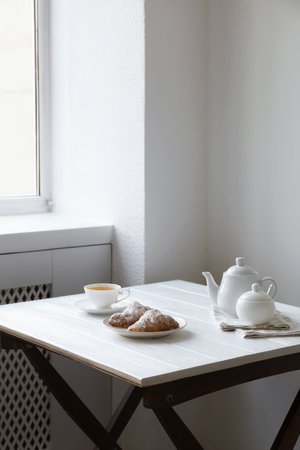 Croissants and tea on table in studio. Professional food photographyの写真素材