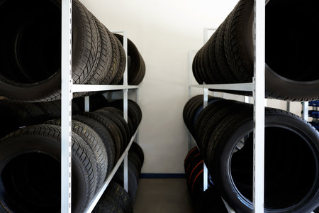 Group of car tires in auto storeの写真素材
