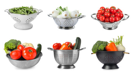 Different colanders with fresh vegetables isolated on white, set