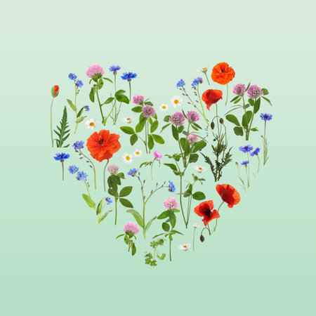 Heart made of meadow flowers on aquamarine gradient backgroundの写真素材