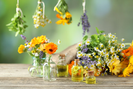 Different flowers and bottles of essential oils on wooden tableの写真素材