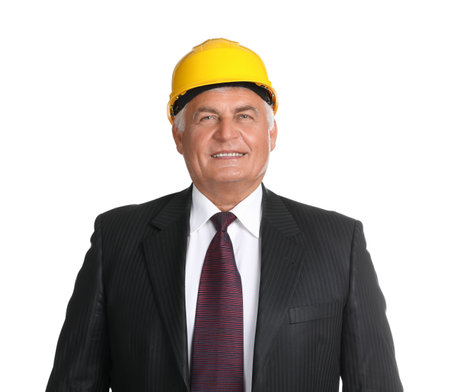 Engineer in hard hat on white backgroundの写真素材