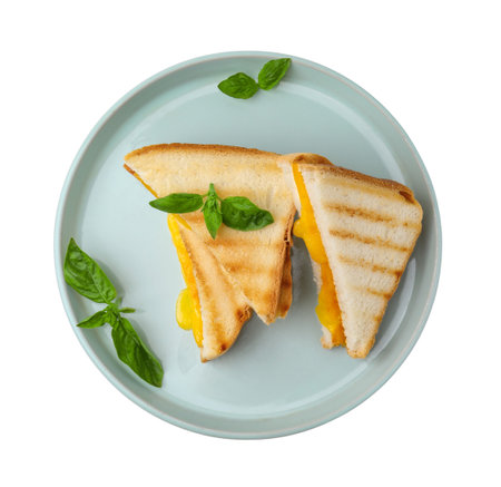 Pieces of toasted bread with melted cheese and basil isolated on white, top viewの写真素材