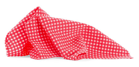 Red checkered picnic tablecloth isolated on whiteの写真素材