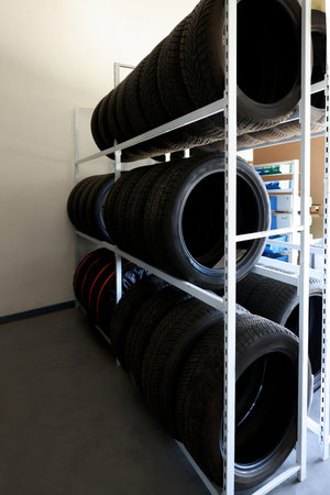 Group of car tires in auto storeの写真素材
