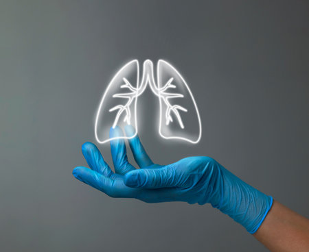 Doctor holding virtual lungs on gray background, closeupの写真素材