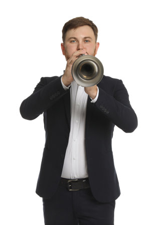 Handsome musician playing trumpet on white backgroundの写真素材