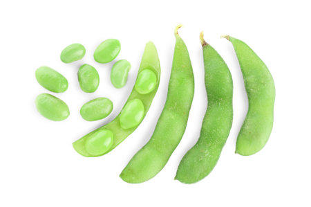 Raw green edamame soybeans and pods isolated on white, top viewの写真素材