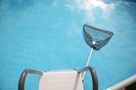 One skimmer net, ladder and swimming pool, above viewの写真素材