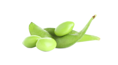 Raw green edamame pods with soybeans isolated on whiteの写真素材