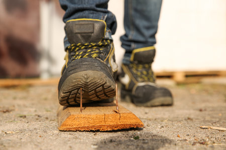 Careless worker stepping on nail in wooden plank outdoors, closeup