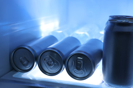 Many cans of beer in refrigerator, closeupの写真素材