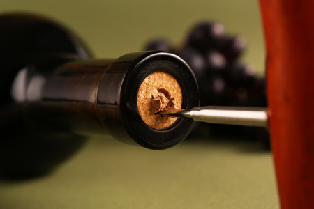 Wine bottle with corkscrew on olive background, closeupの写真素材