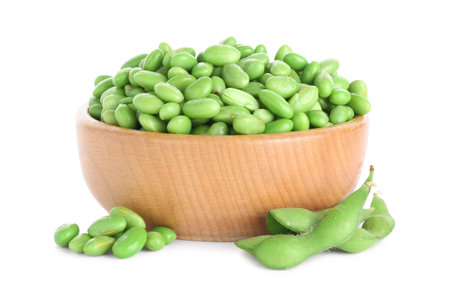 Raw green edamame soybeans and pods isolated on whiteの写真素材