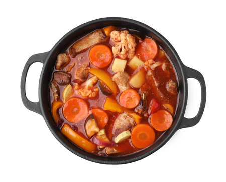Tasty homemade stew with vegetables in dish isolated on white, top viewの写真素材