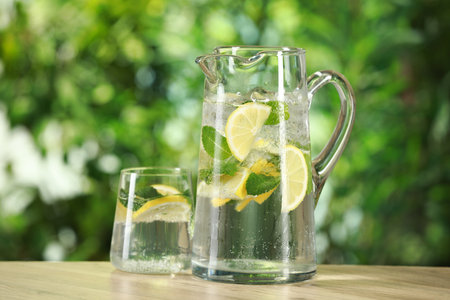 Refreshing lemonade with mint in jug and glass on wooden table against blurred green backgroundの写真素材