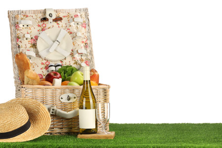 Picnic wicker basket with food, tableware, bottle of wine and hat on grass against white background. Space for textの写真素材