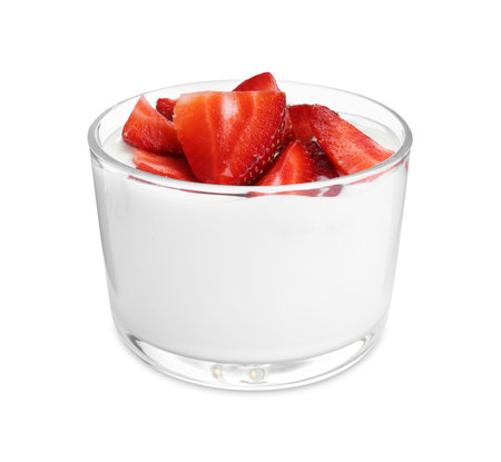 Tasty yogurt with strawberries in glass isolated on whiteの写真素材
