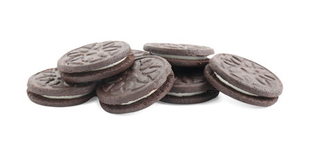 Many tasty sandwich cookies isolated on white