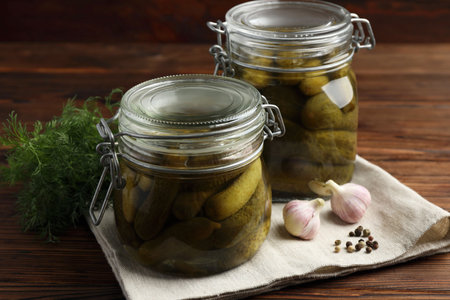Pickled cucumbers in jars, garlic, dill and peppercorns on wooden table, closeupの写真素材
