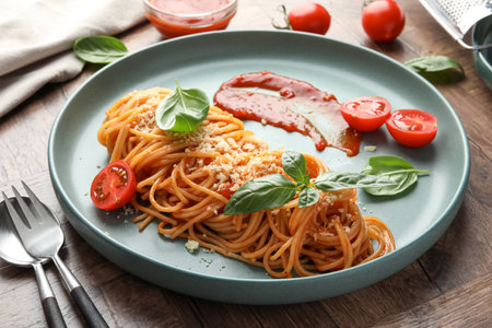 Delicious pasta with tomato sauce, basil and cheese served on wooden table, closeupの写真素材