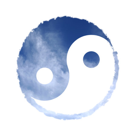 Yin and yang symbol with sky inside on white backgroundの写真素材