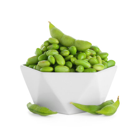 Raw green edamame soybeans and pods isolated on whiteの写真素材