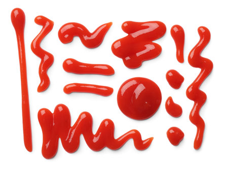 Tasty ketchup isolated on white, top view. Tomato sauceの写真素材