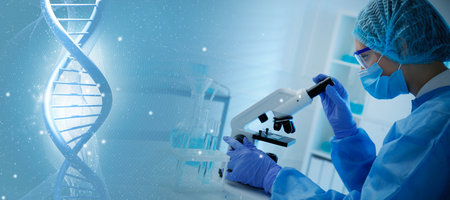 Scientist working with microscope in laboratory and illustration of DNA, double exposure. Research...