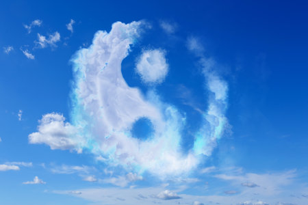 Yin and yang symbol made of clouds in skyの写真素材