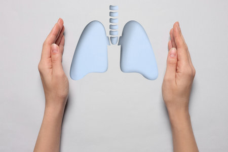 Woman holding hands near lungs paper cutout on white background, closeup. Asthma and other respiratory diseasesの写真素材