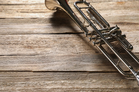 One trumpet on wooden table, closeup. Space for textの写真素材